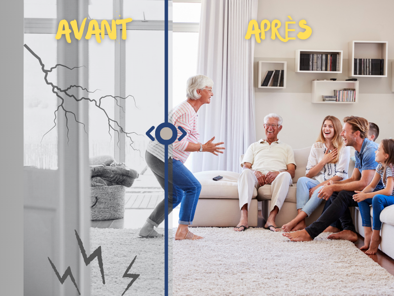 Illustration avant-apr&egrave;s un nettoyage &eacute;nerg&eacute;tique d'habitation : transformation d'une maison sombre en un lieu de vie clair, joyeux et harmonieux.